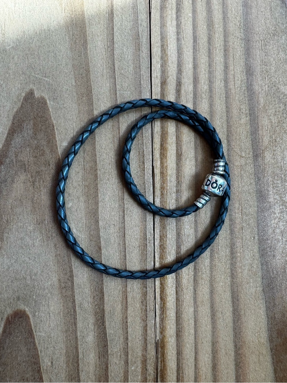 Pandora Gray Braided Double Wrap Leather Charm Bracelet with Silver Clasp